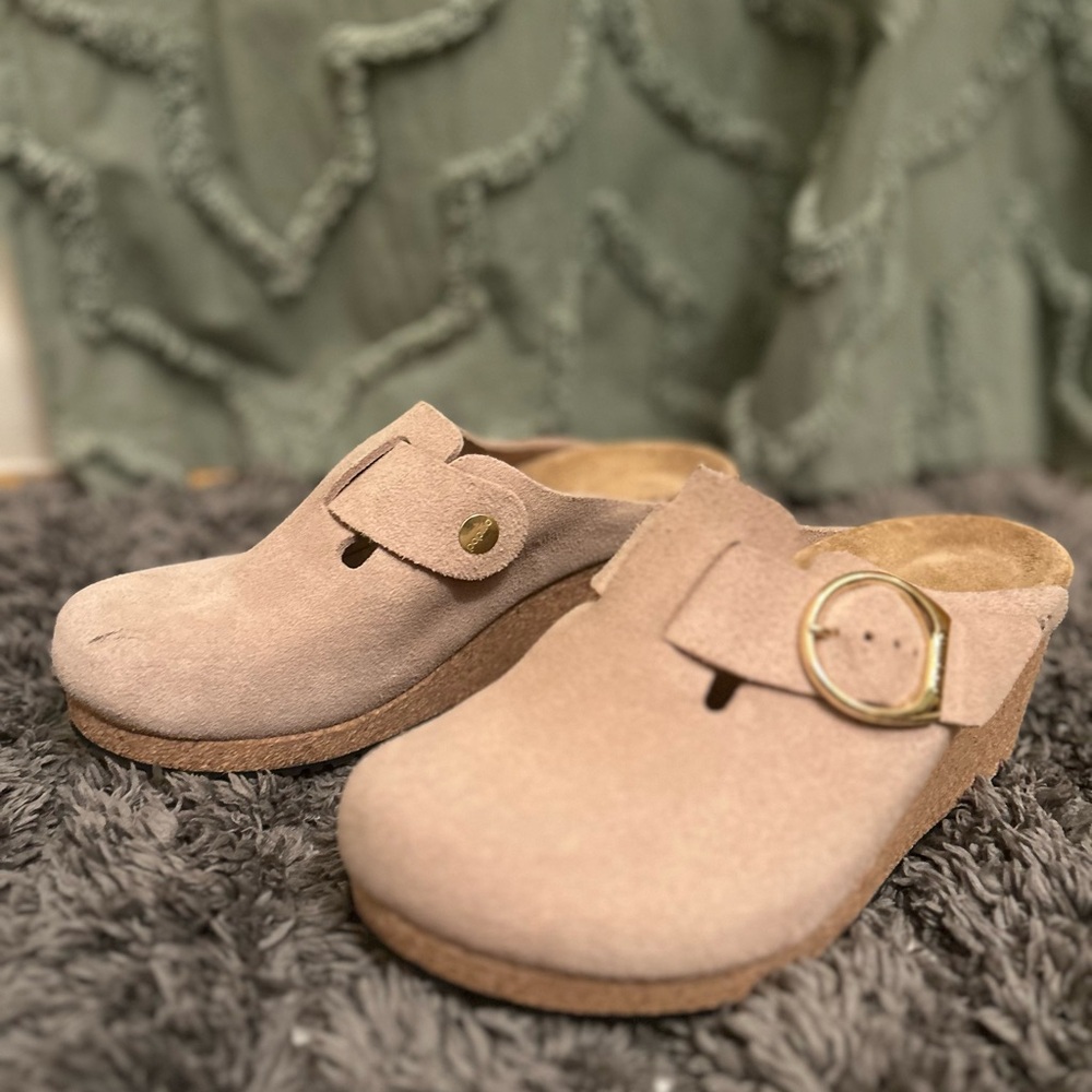 Beige Suede Clogs with Gold Buckle